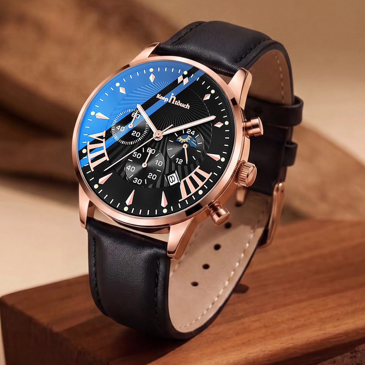 KnT-1022 Leather Chronograph Watch - Black Rose Gold Black