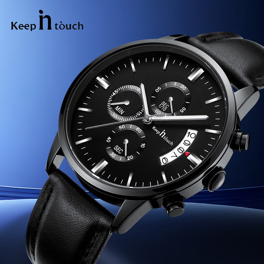 KnT-1023 Leather Chronograph Watch - Black-Blue