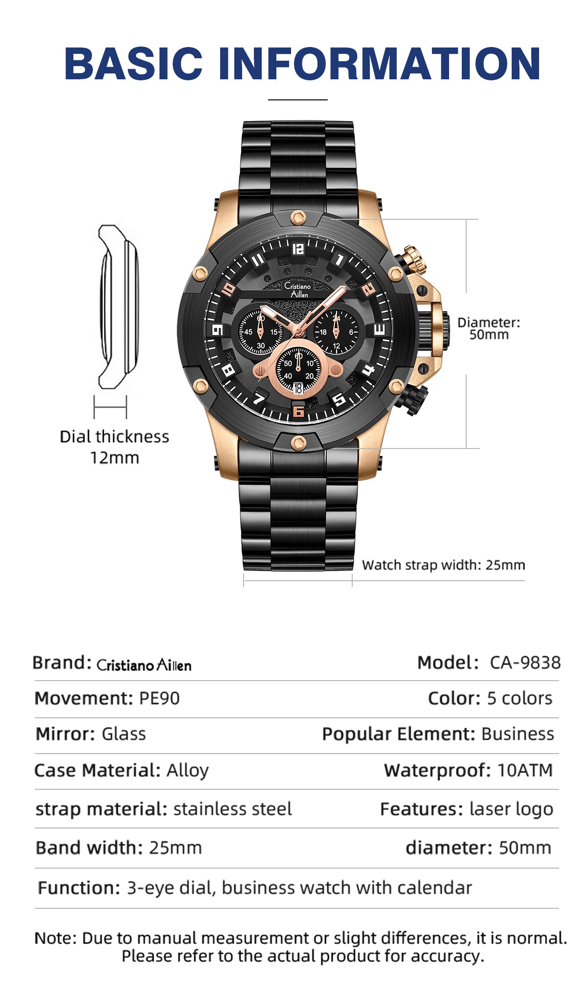 CA-9838 Multifunction Chronograph Watch - Black Rose Gold
