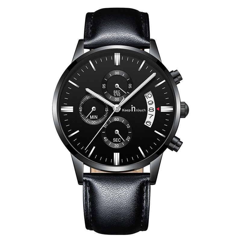 KnT-1023 Leather Chronograph Watch - Black-Blue