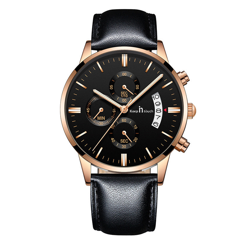 KnT-1023 Leather Chronograph Watch - Black Rose Gold Black