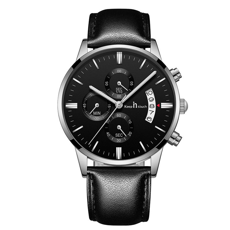 KnT-1023 Leather Chronograph Watch - Black Silver Black