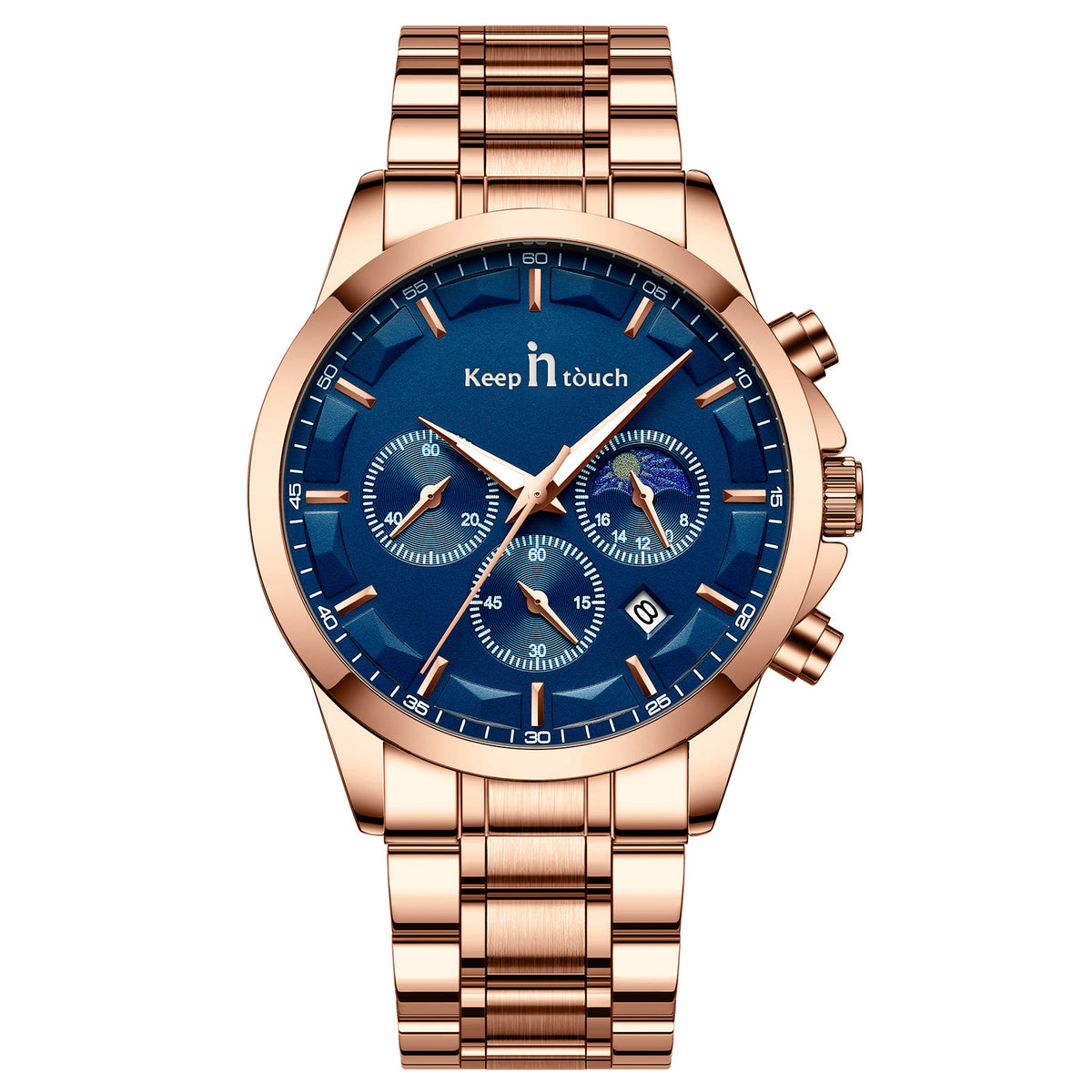 KnT-1026 Moonphase Multifunction Watch - Rose Gold Blue