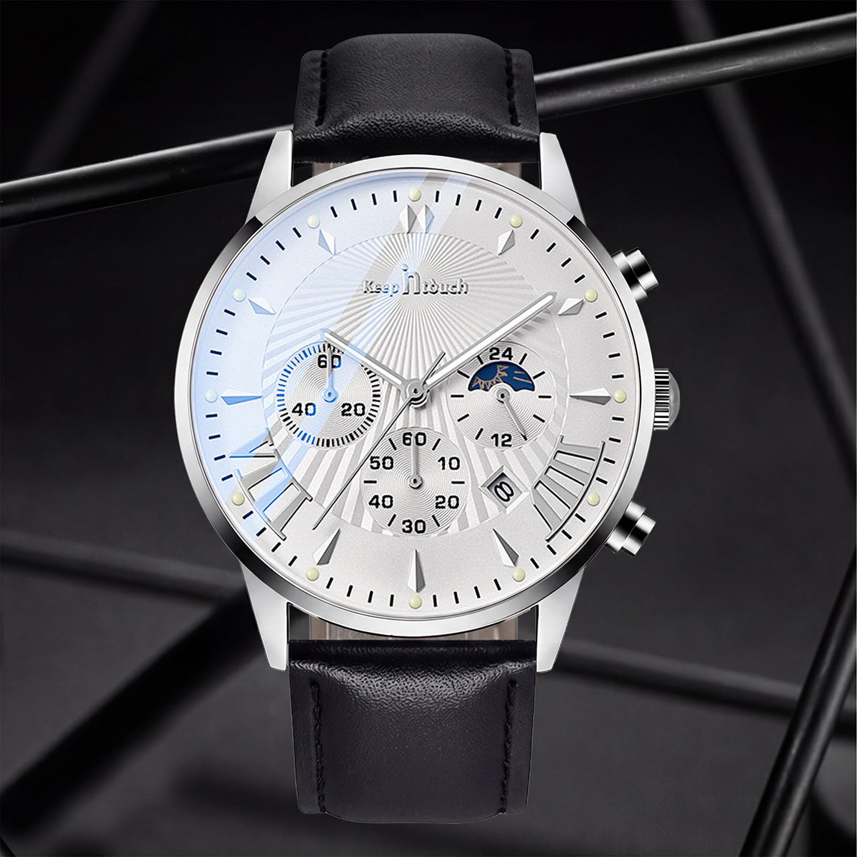 KnT-1022 Leather Chronograph Watch - Silver Black