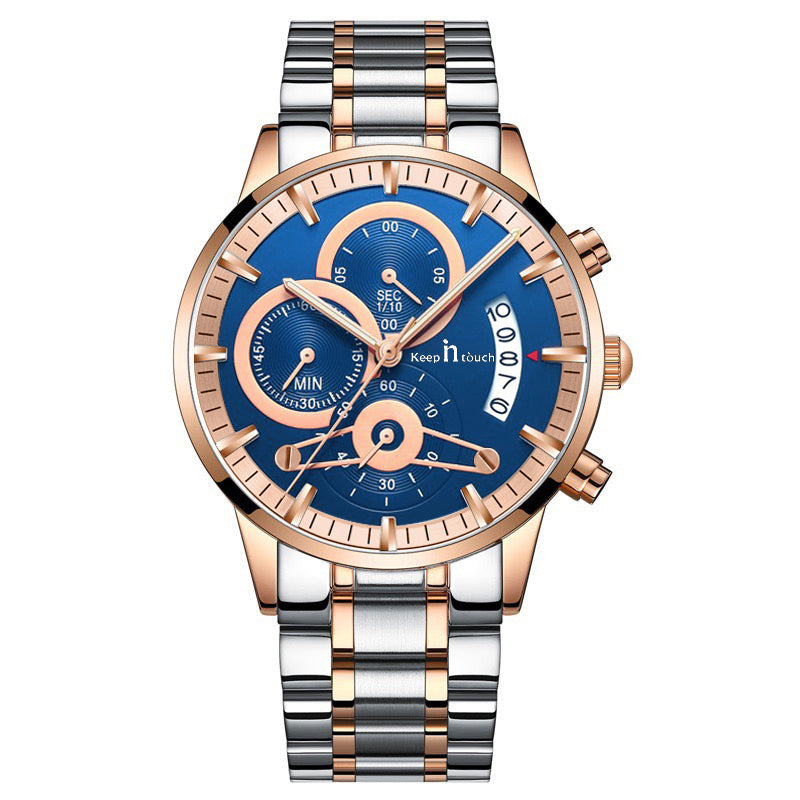 KnT-1025 Moonphase Chronograph Watch - Silver Rose Gold Blue