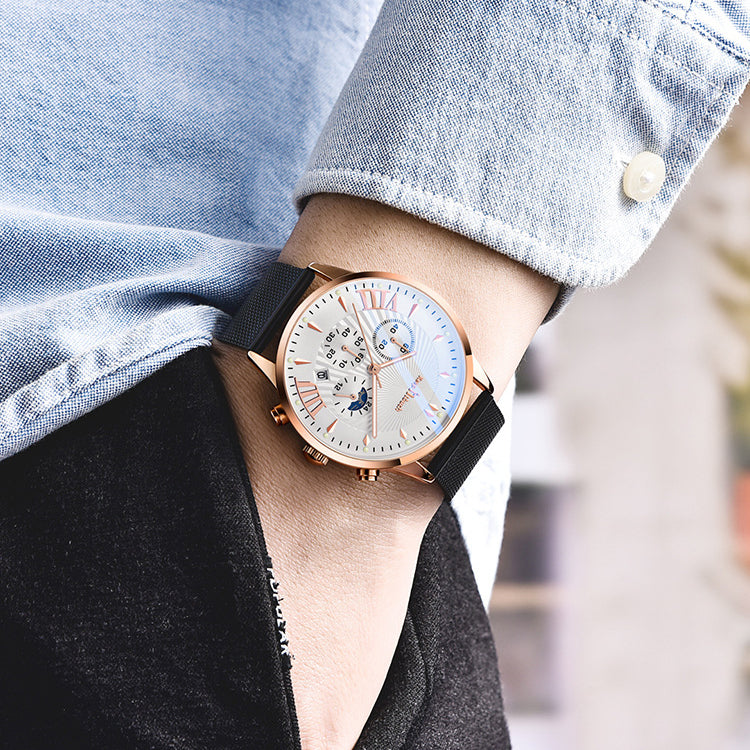 KnT-1021 Mesh Strap Watch - Black Rose Gold Silver