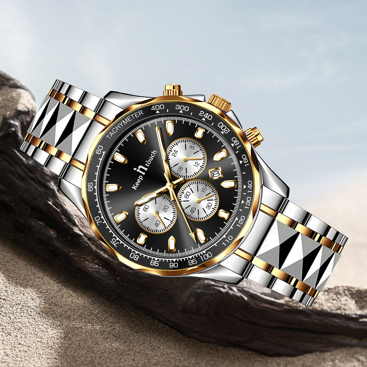 KnT-1027 Tachymeter Chronograph Watch - Silver Gold Black