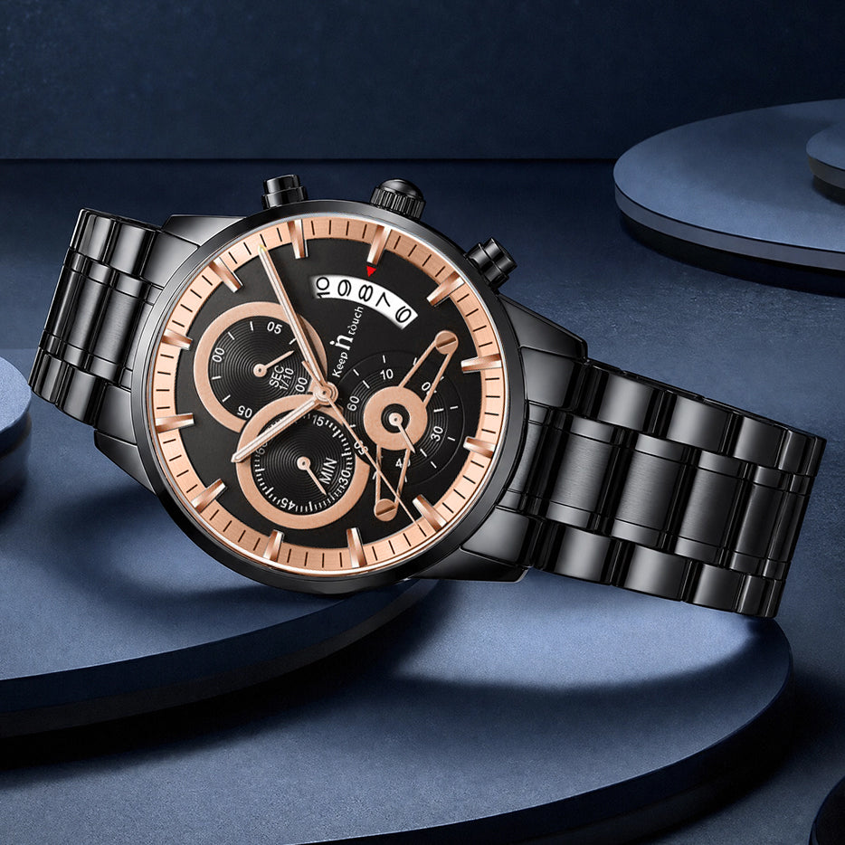 KnT-1025 Moonphase Chronograph Watch - Black Rose Gold Black