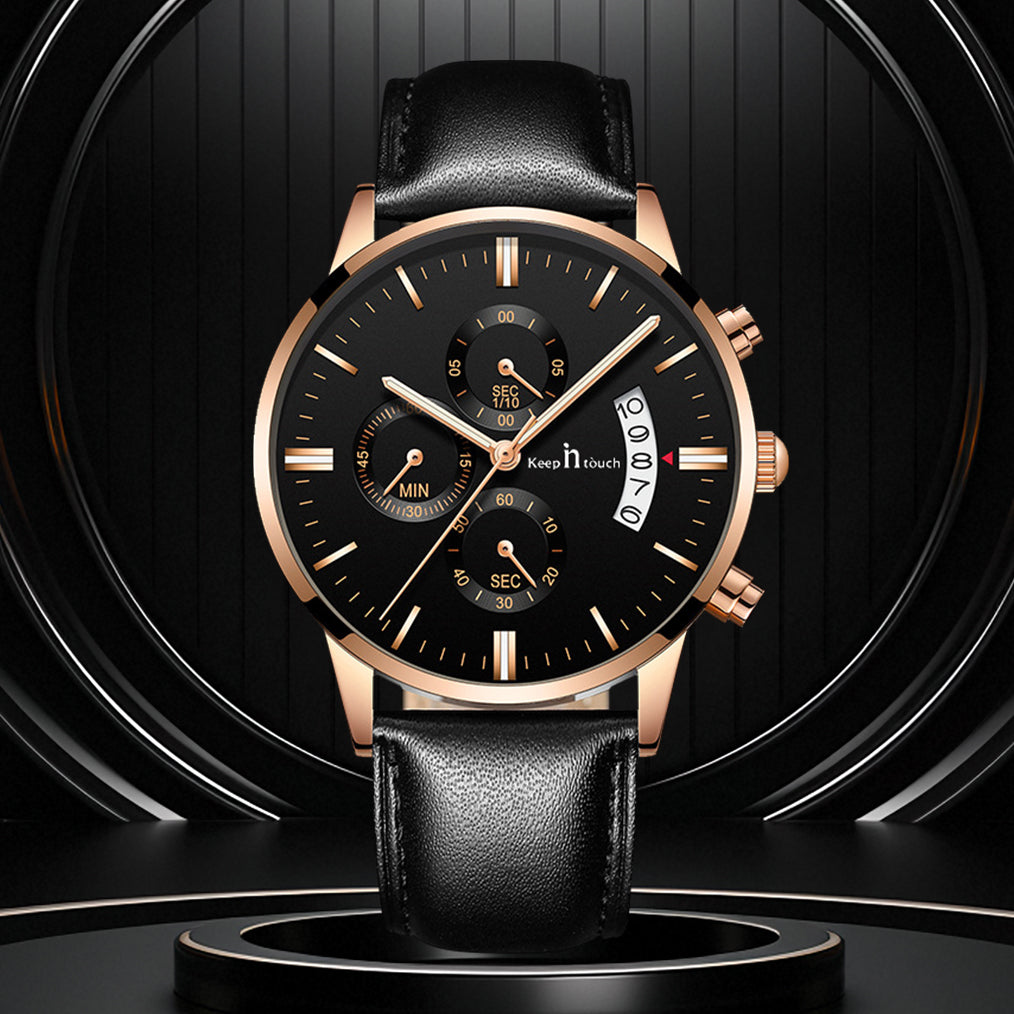 KnT-1023 Leather Chronograph Watch - Black Rose Gold Black