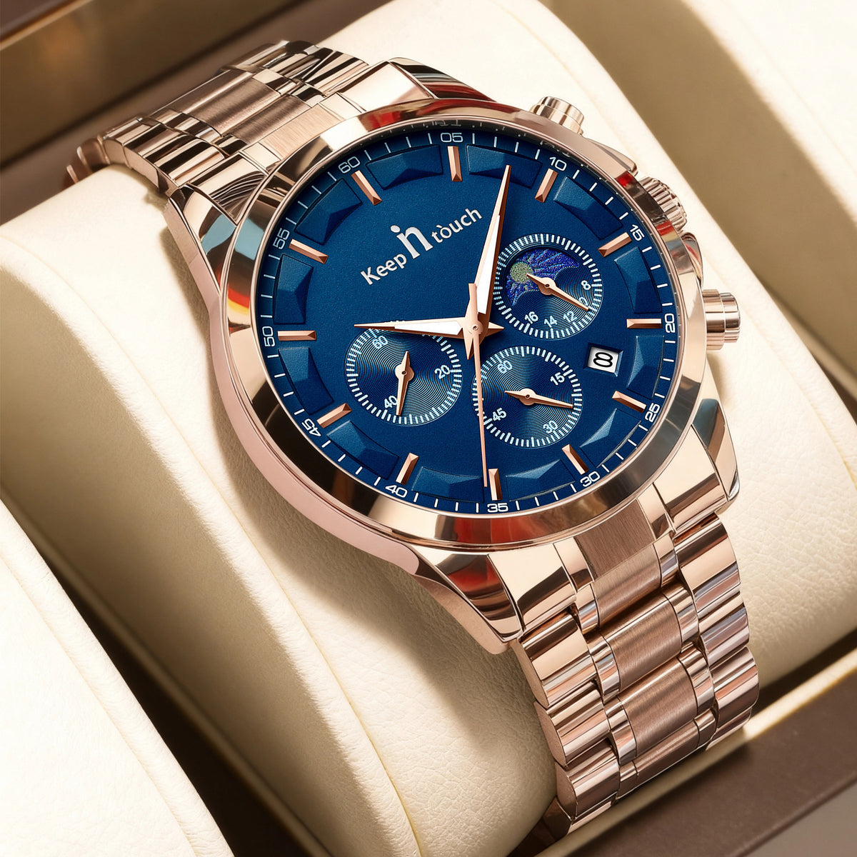 KnT-1026 Moonphase Multifunction Watch - Rose Gold Blue
