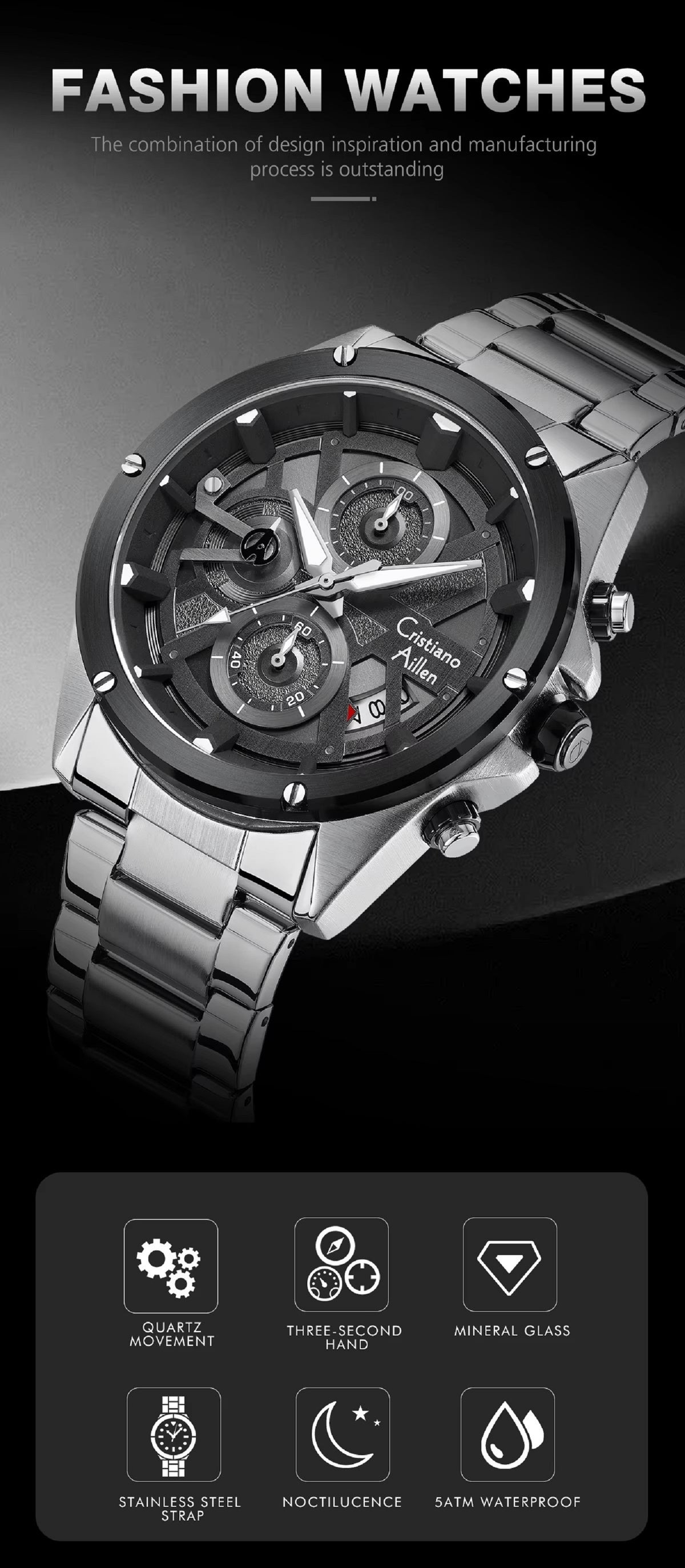 CA-8895 Metal Bracelet Chronograph Watch - Silver Black