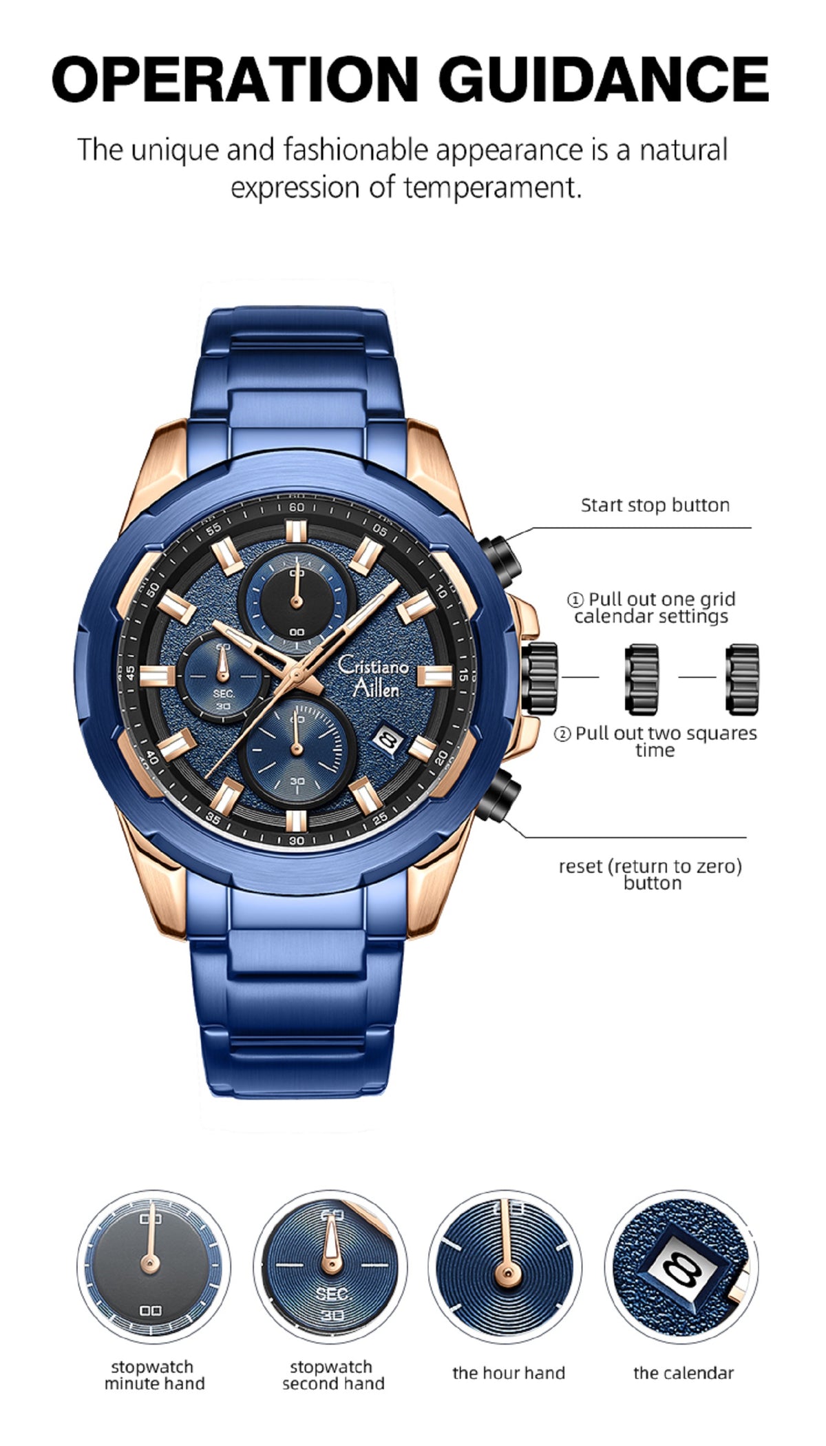 CA-8888 47mm Chronograph Watch - Blue Rose Gold