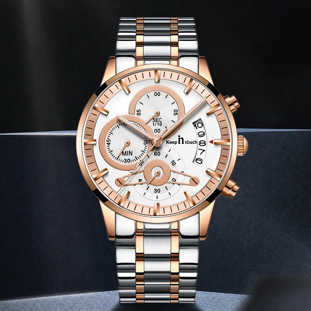 KnT-1025 Moonphase Chronograph Watch - Silver Rose Gold White