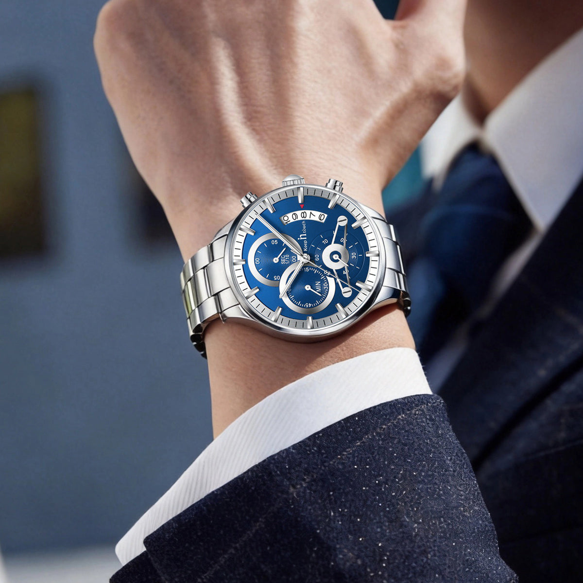 KnT-1025 Moonphase Chronograph Watch - Silver Blue