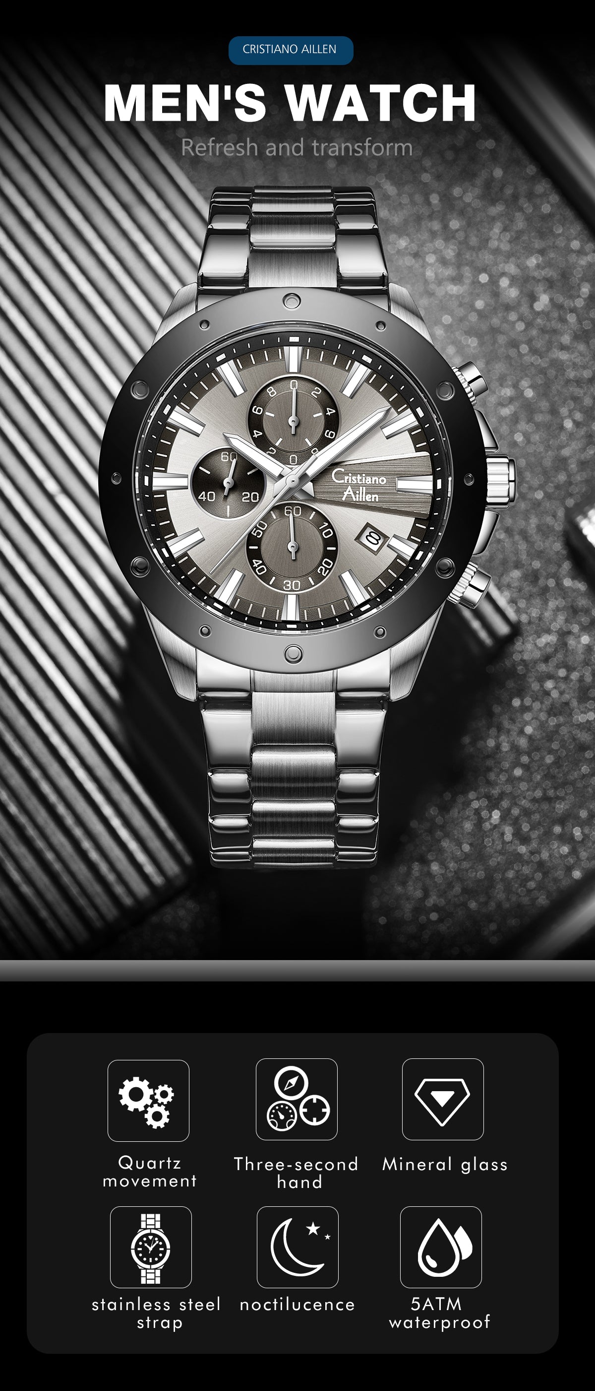 CA-8897 Chronograph Watch - Silver Black