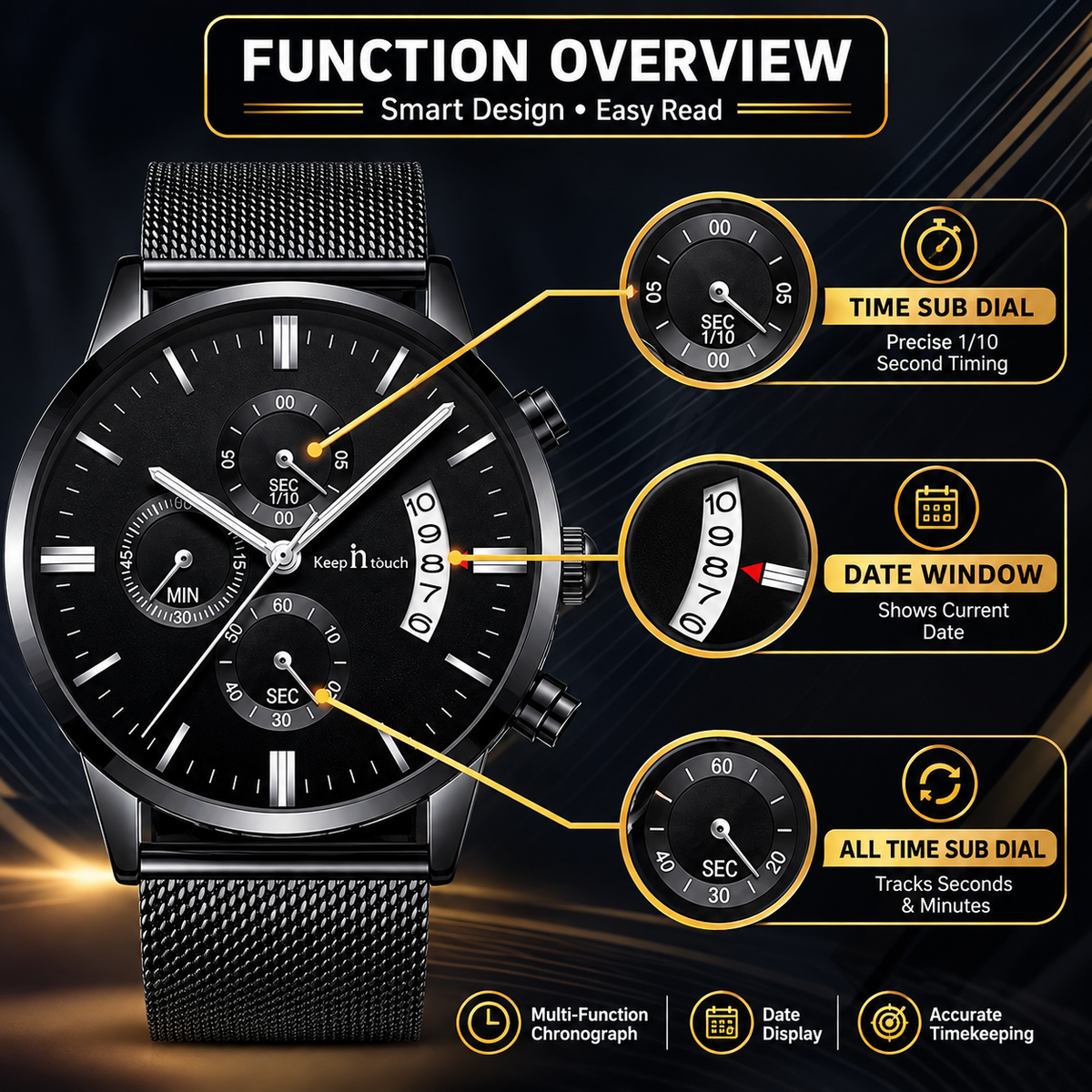 KnT-1024 Mesh Classic Watch - Black-Blue