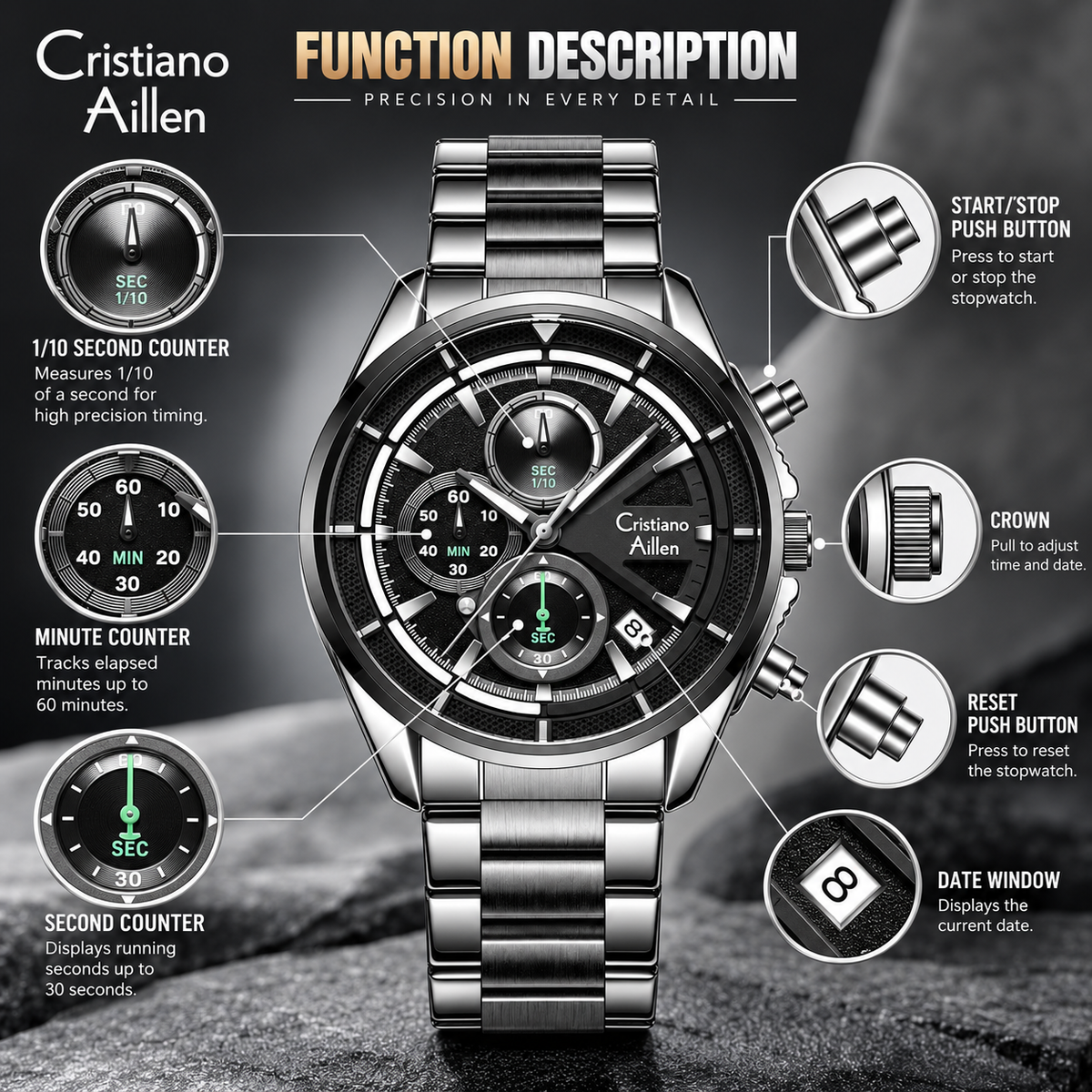 CA-8890 Multifunction Analog Watch - Silver Black