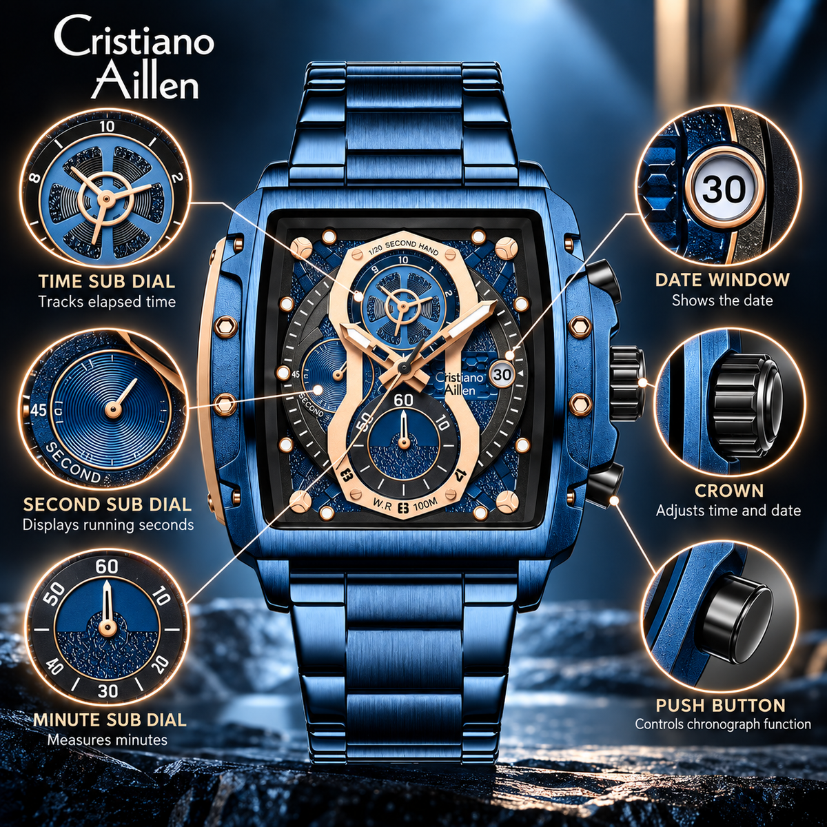 CA-8916 Chronograph Watch - Blue Rose Gold