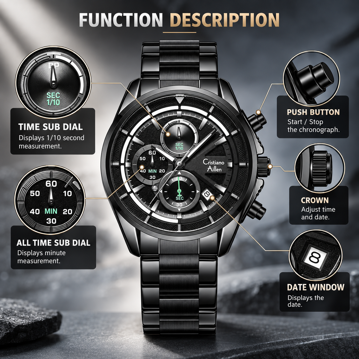 CA-8890 Multifunction Analog Watch - Black