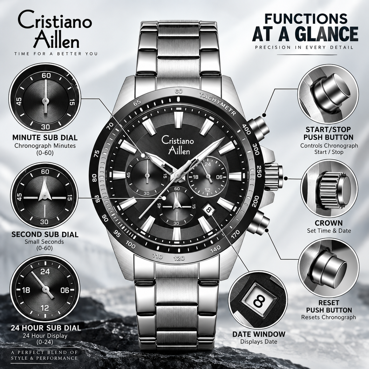 CA-8891 Multifunction Analog Watch - Silver Black