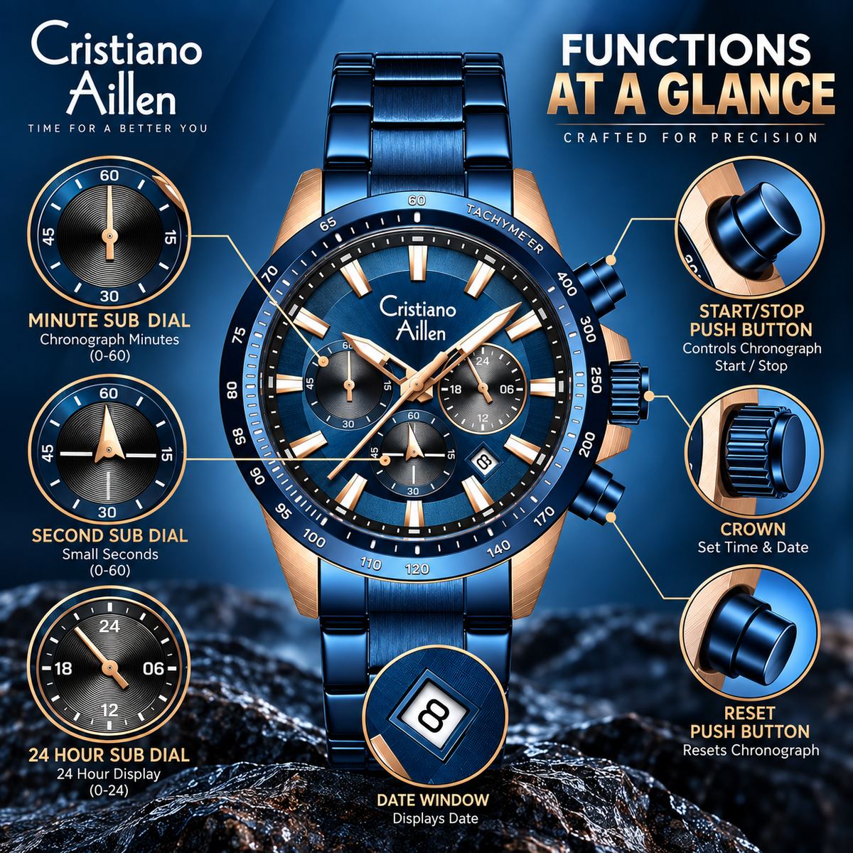 CA-8891 Multifunction Analog Watch - Blue Rose Gold