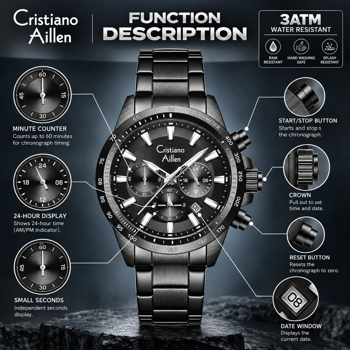CA-8891 Multifunction Analog Watch - Black