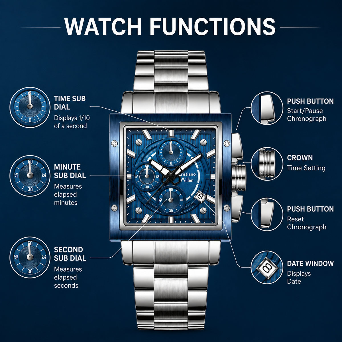 CA-9844 Chronograph Watch - Silver Blue