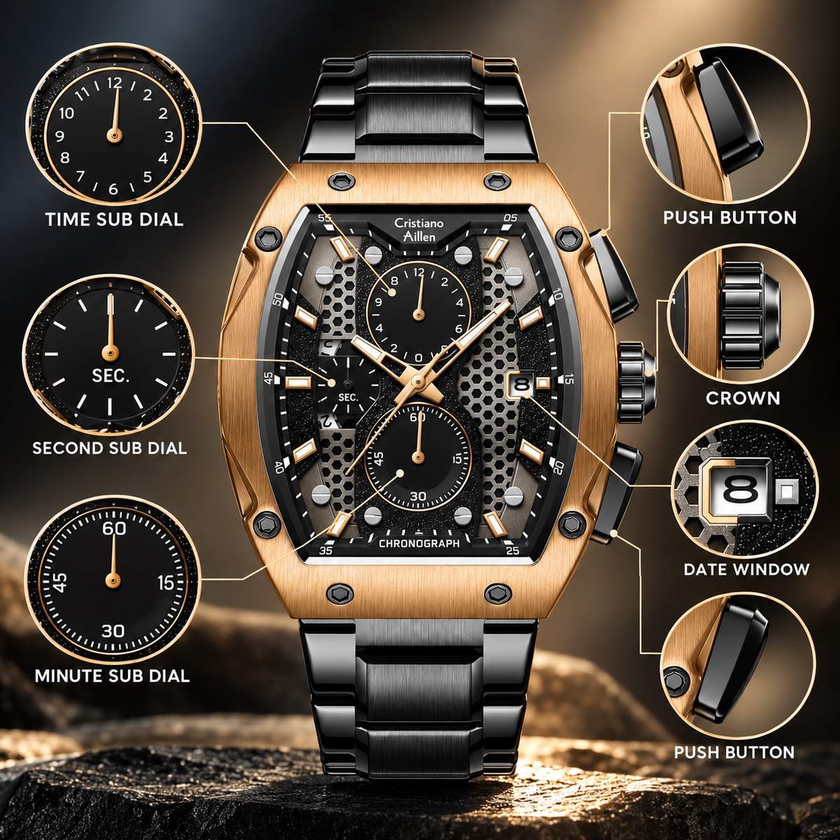CA-8917 Chronograph Watch - Black Rose Gold