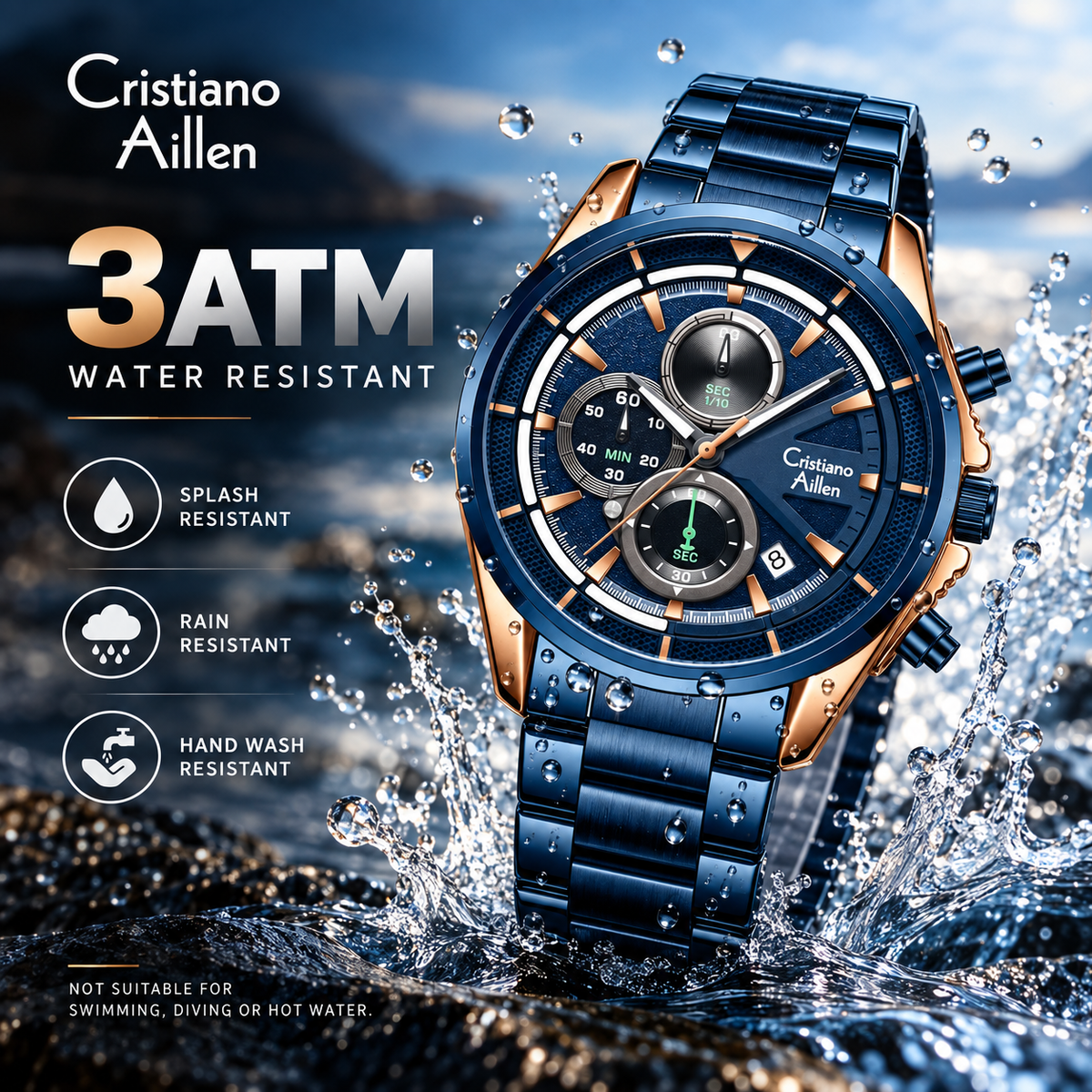 CA-8890 Multifunction Analog Watch - Blue Rose Gold