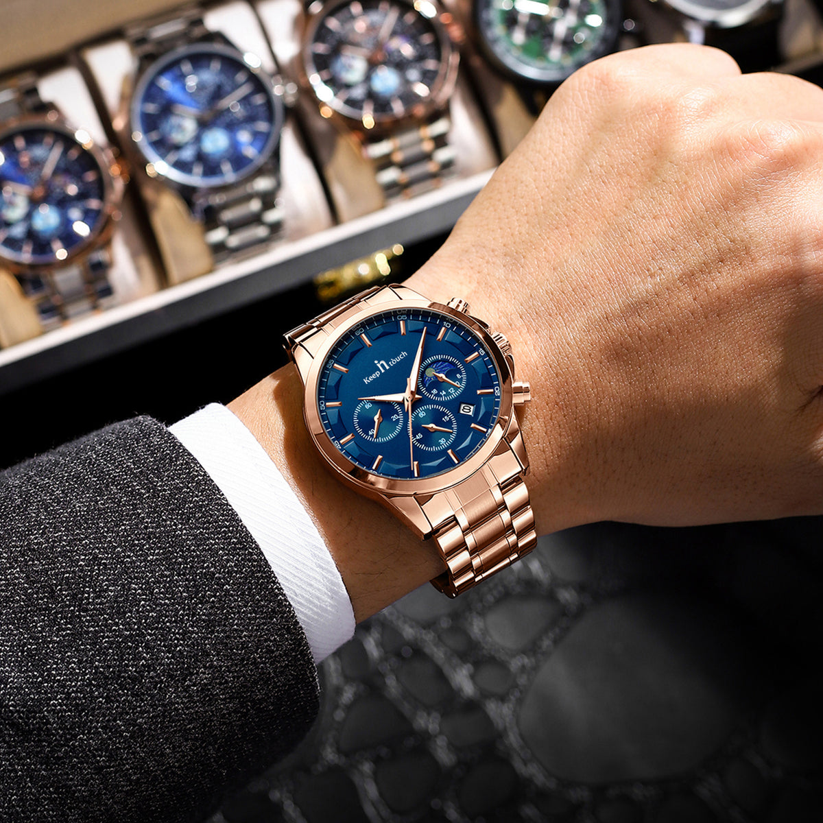KnT-1026 Moonphase Multifunction Watch - Rose Gold Blue
