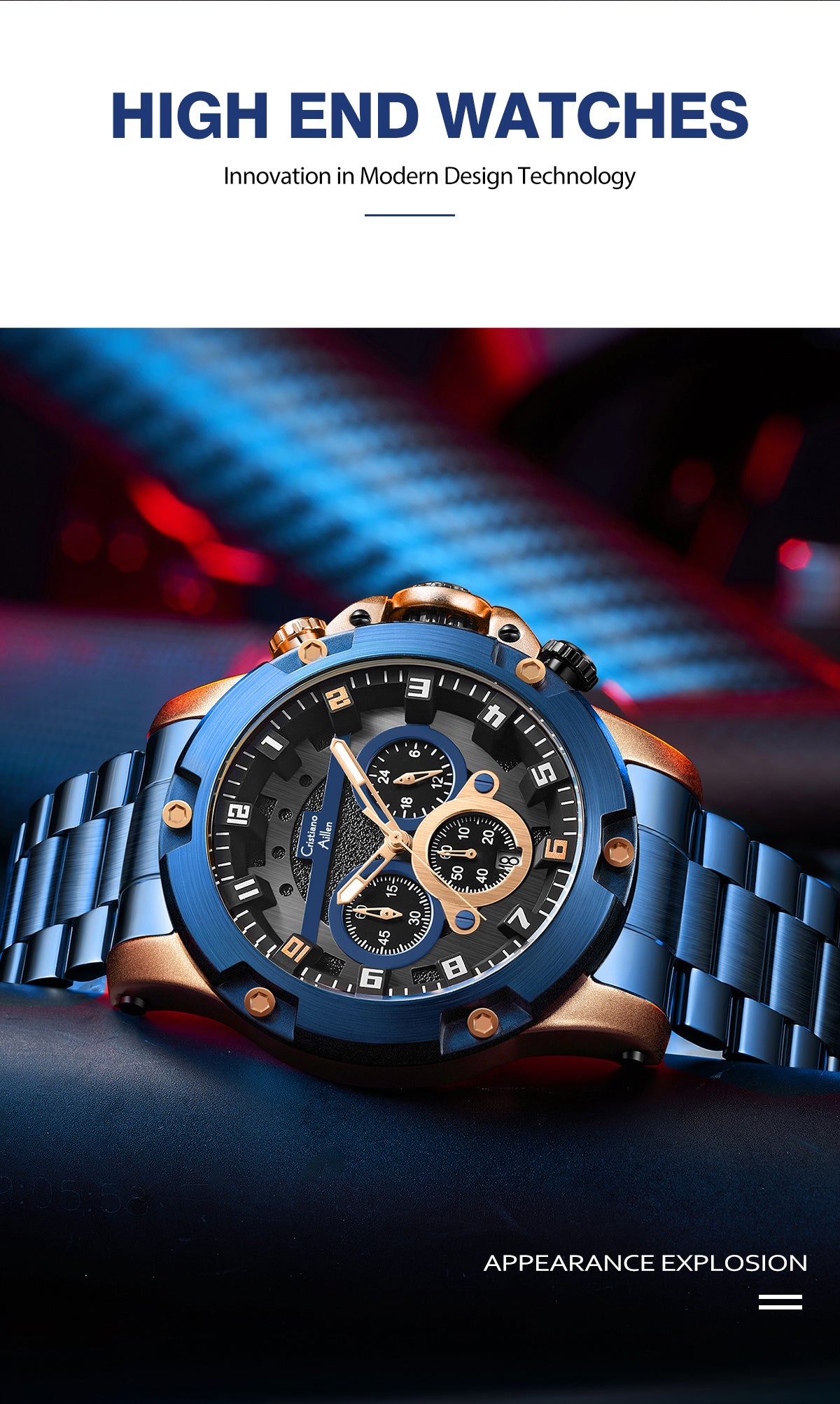 CA-9838 Multifunction Chronograph Watch - Blue Rose Gold