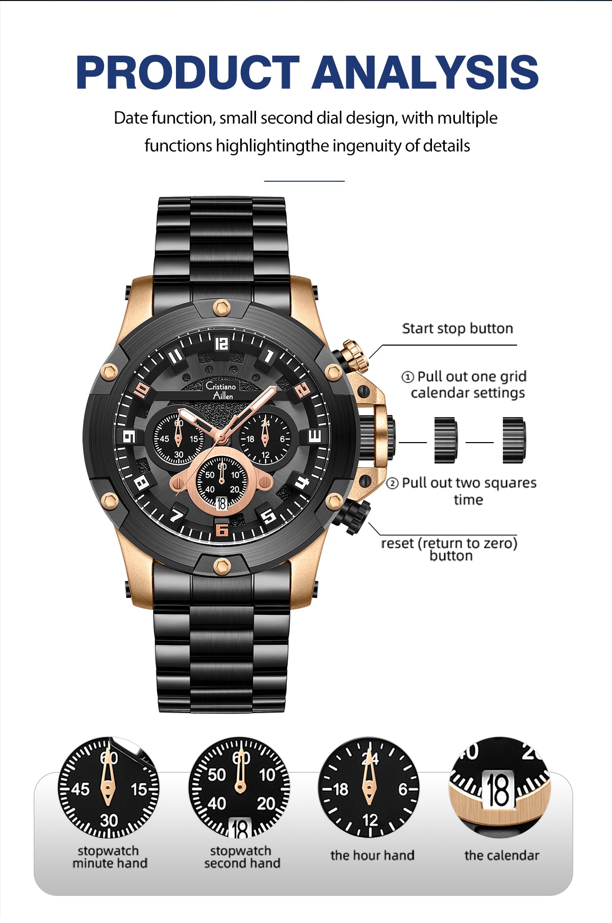 CA-9838 Multifunction Chronograph Watch - Black Rose Gold
