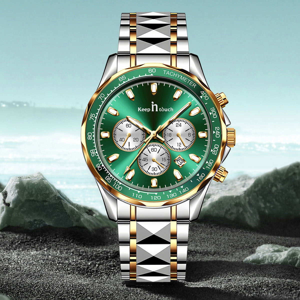 KnT-1027 Tachymeter Chronograph Watch - Silver Gold Green