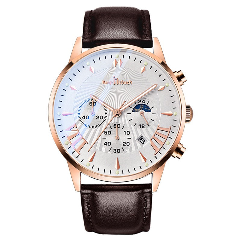 KnT-1022 Leather Chronograph Watch - Brown Rose Gold Silver