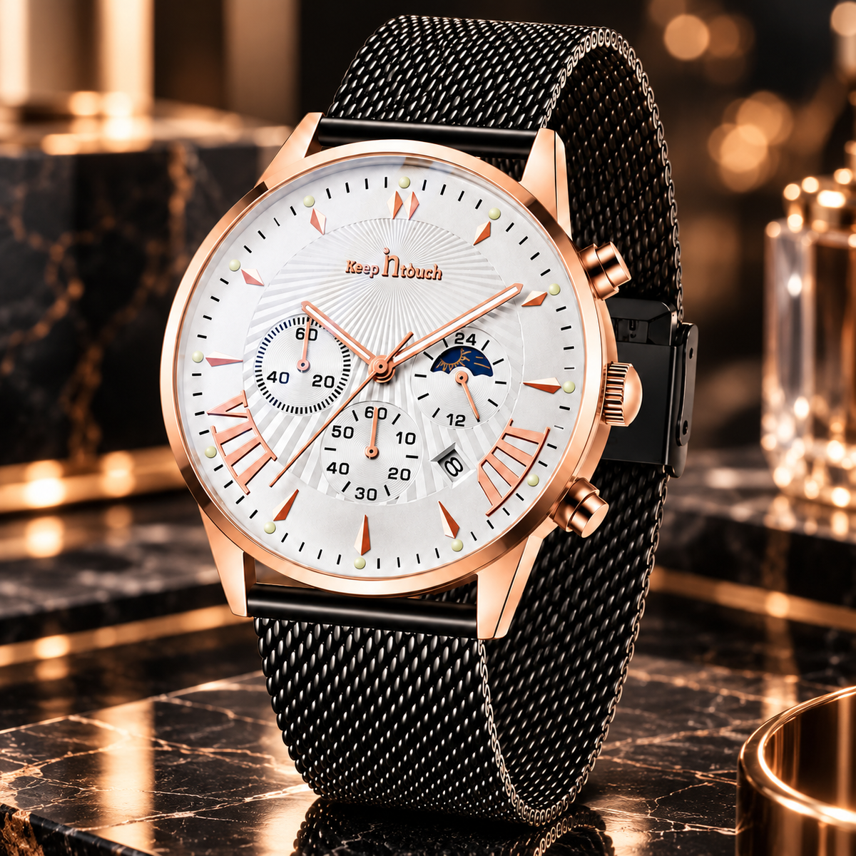 KnT-1021 Mesh Strap Watch - Black Rose Gold Silver