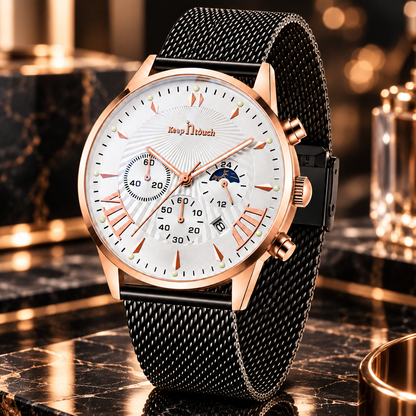 KnT-1021 Mesh Strap Watch - Black Rose Gold Silver
