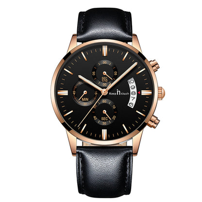 KnT-1023 Leather Chronograph Watch - Black Rose Gold Black