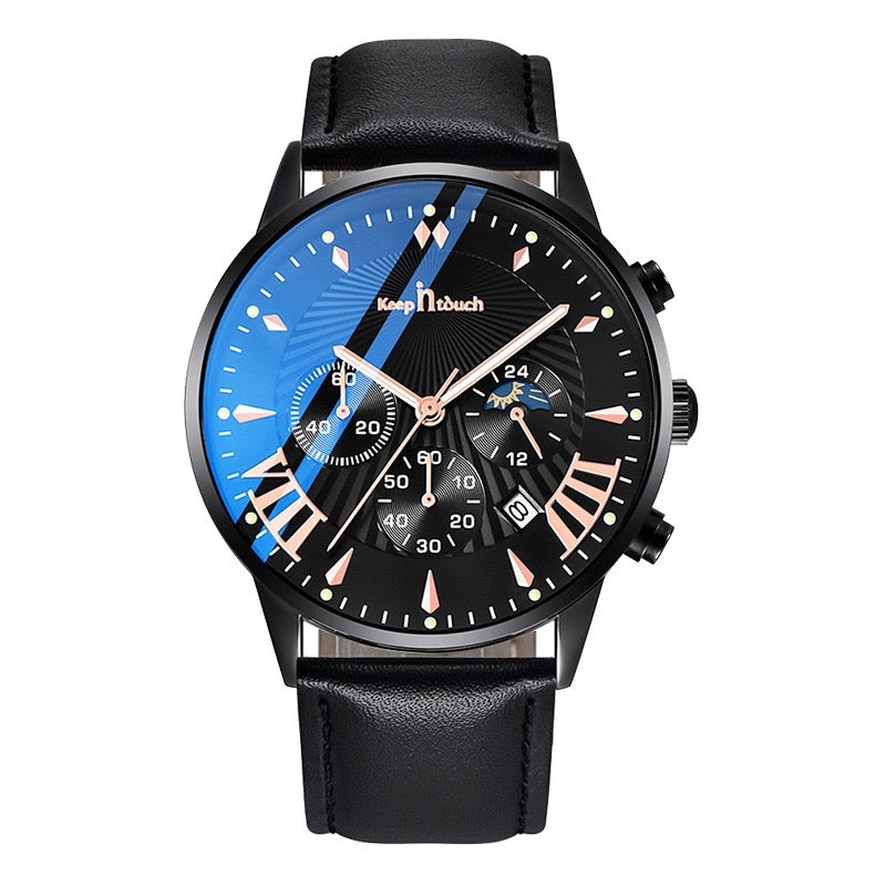 KnT-1022 Leather Chronograph Watch - Black-Blue