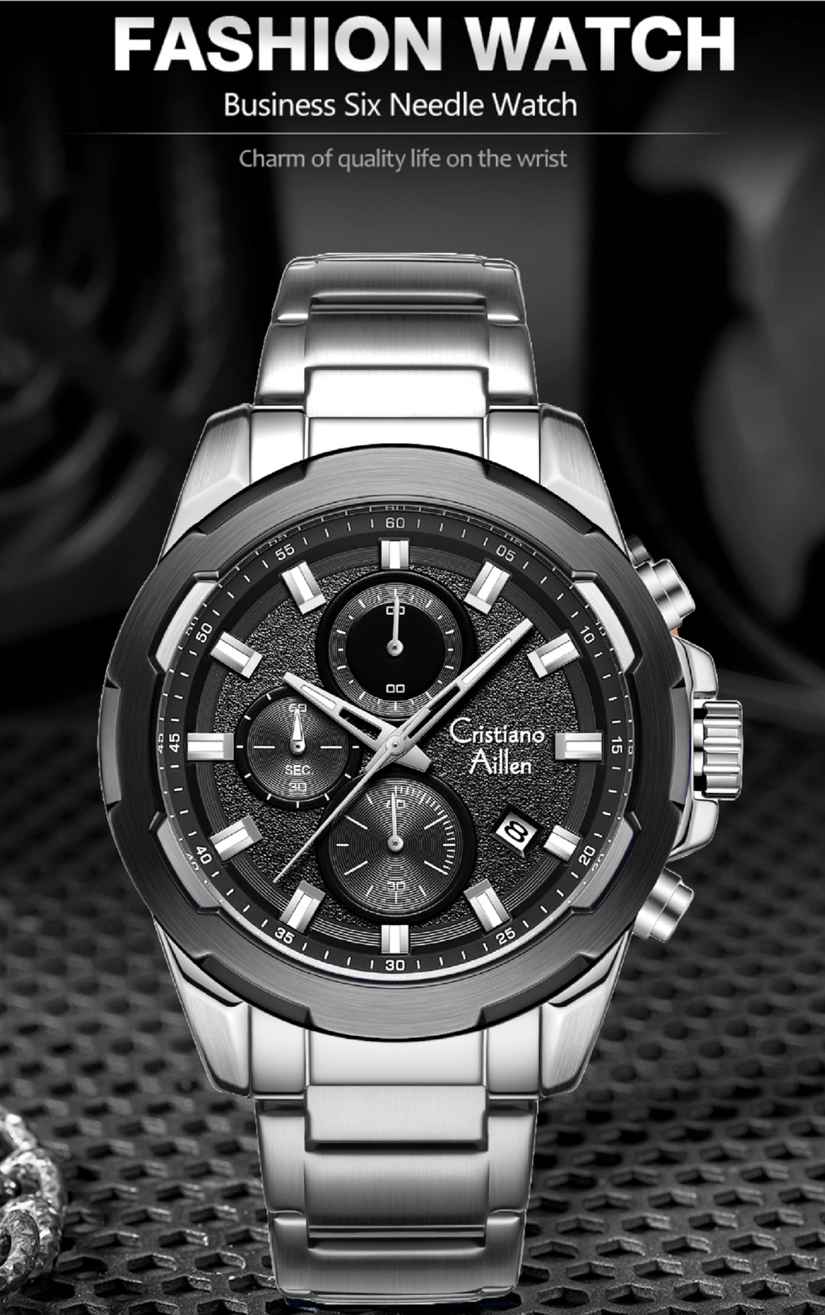 CA-8888 47mm Chronograph Watch - Silver Black