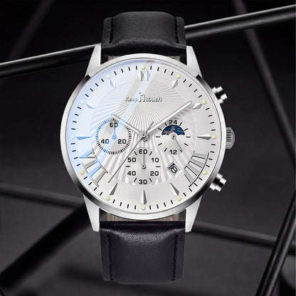 KnT-1022 Leather Chronograph Watch - Silver Black