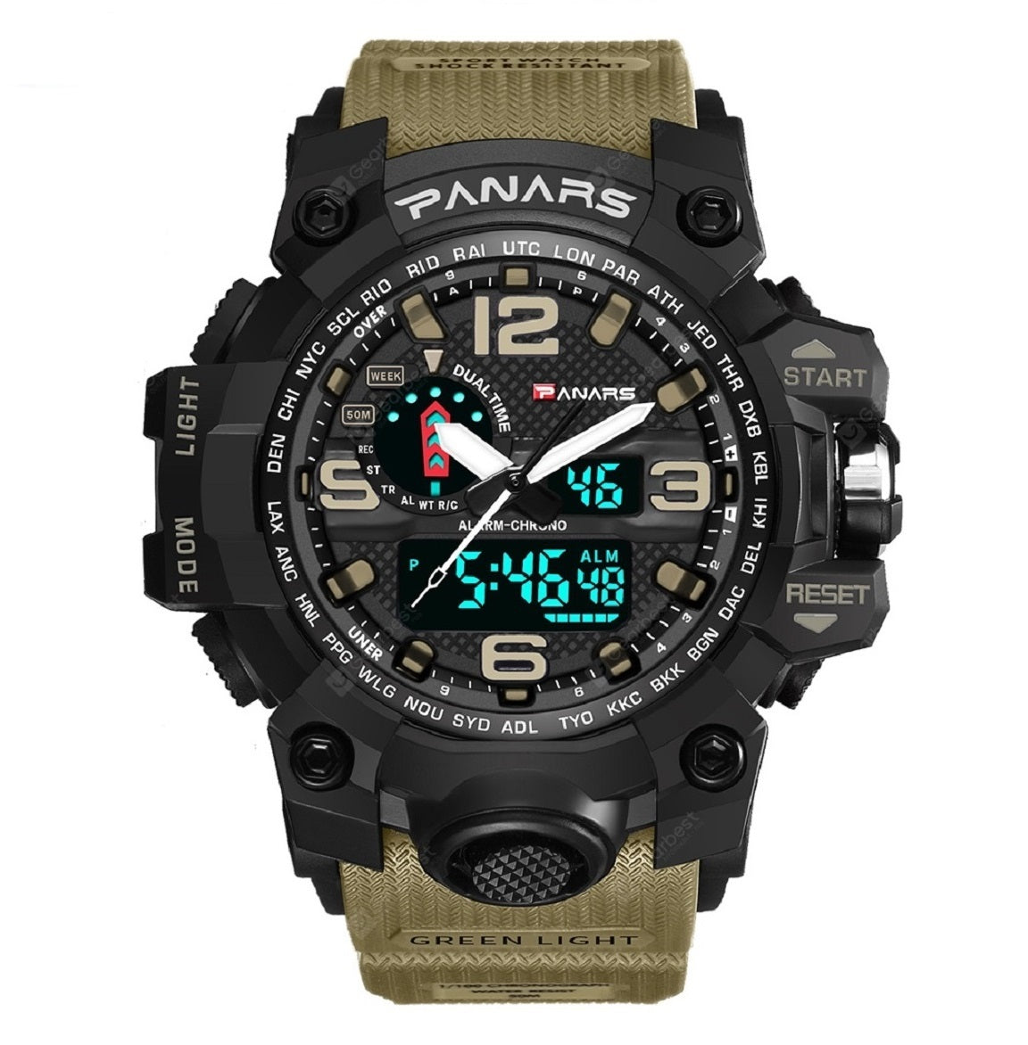 PANARS PNRS-8202 Beige dual time sports watch for men - front view
