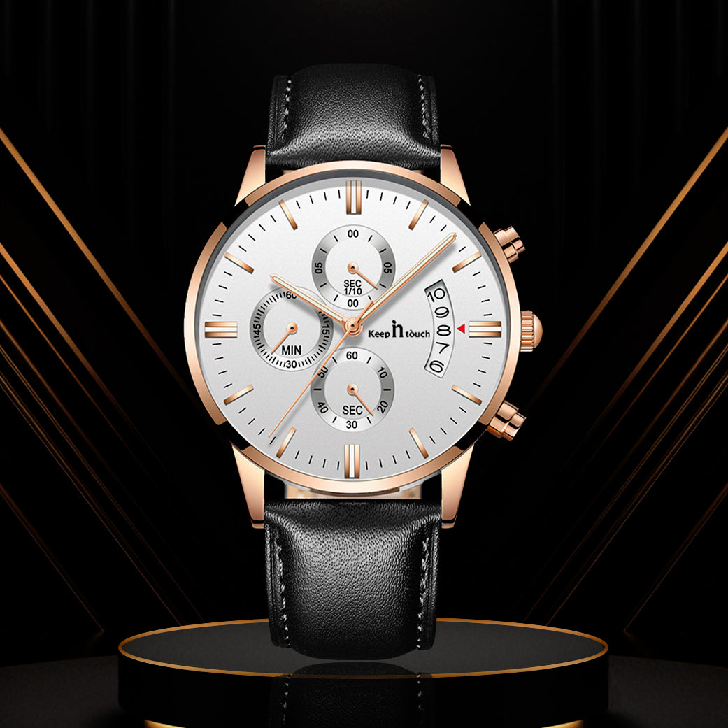KnT-1023 Leather Chronograph Watch - Brown Rose Gold Silver