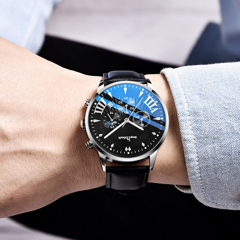 KnT-1022 Leather Chronograph Watch - Black-Blue