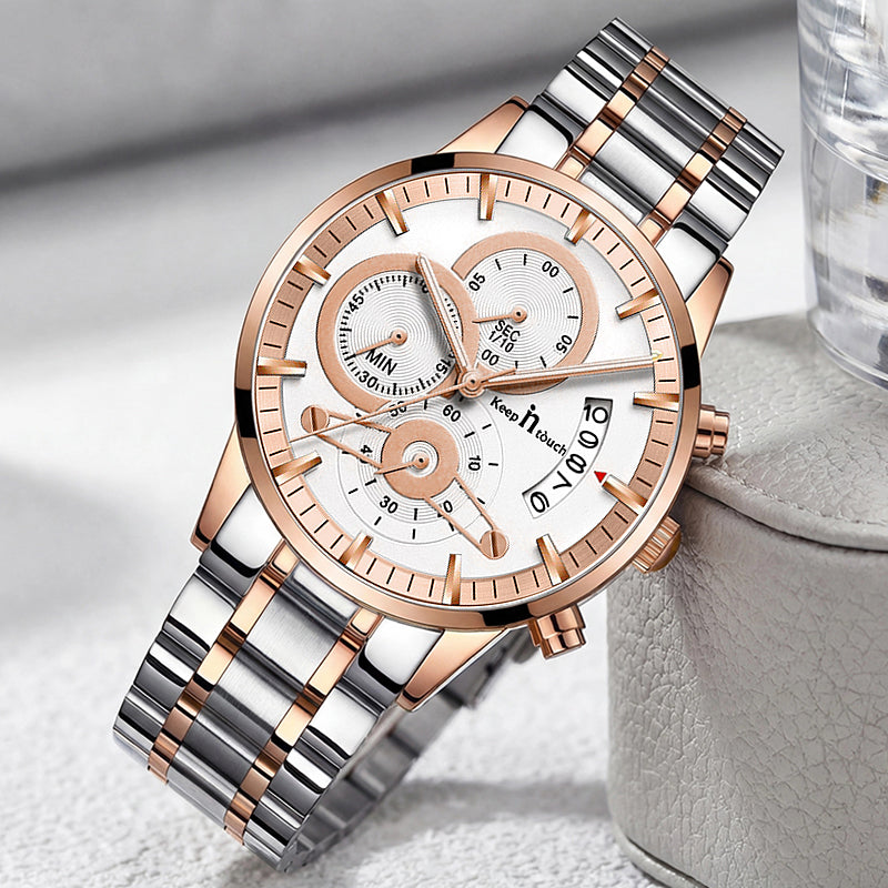 KnT-1025 Moonphase Chronograph Watch - Silver Rose Gold White