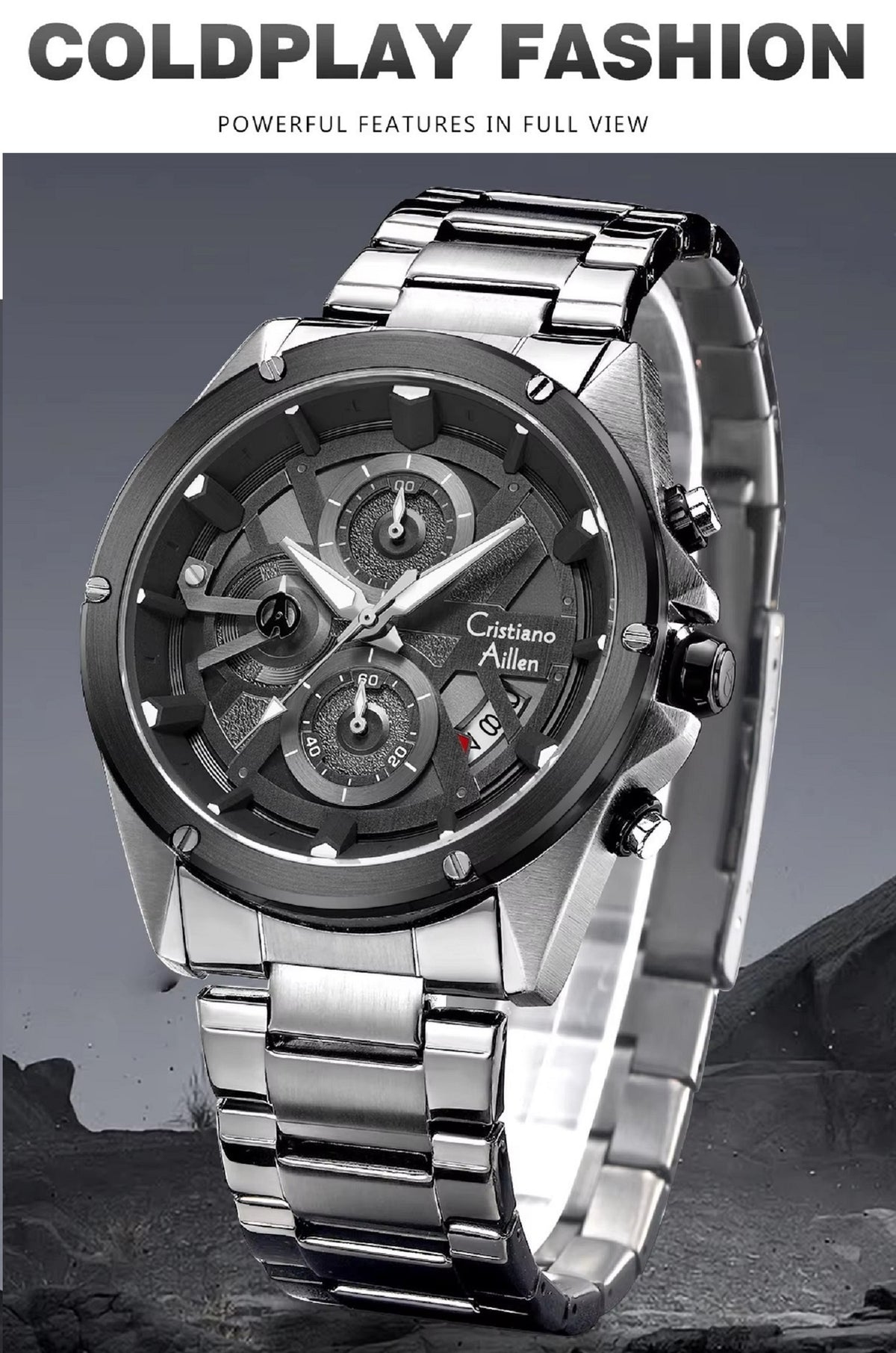 CA-8895 Metal Bracelet Chronograph Watch - Silver Black