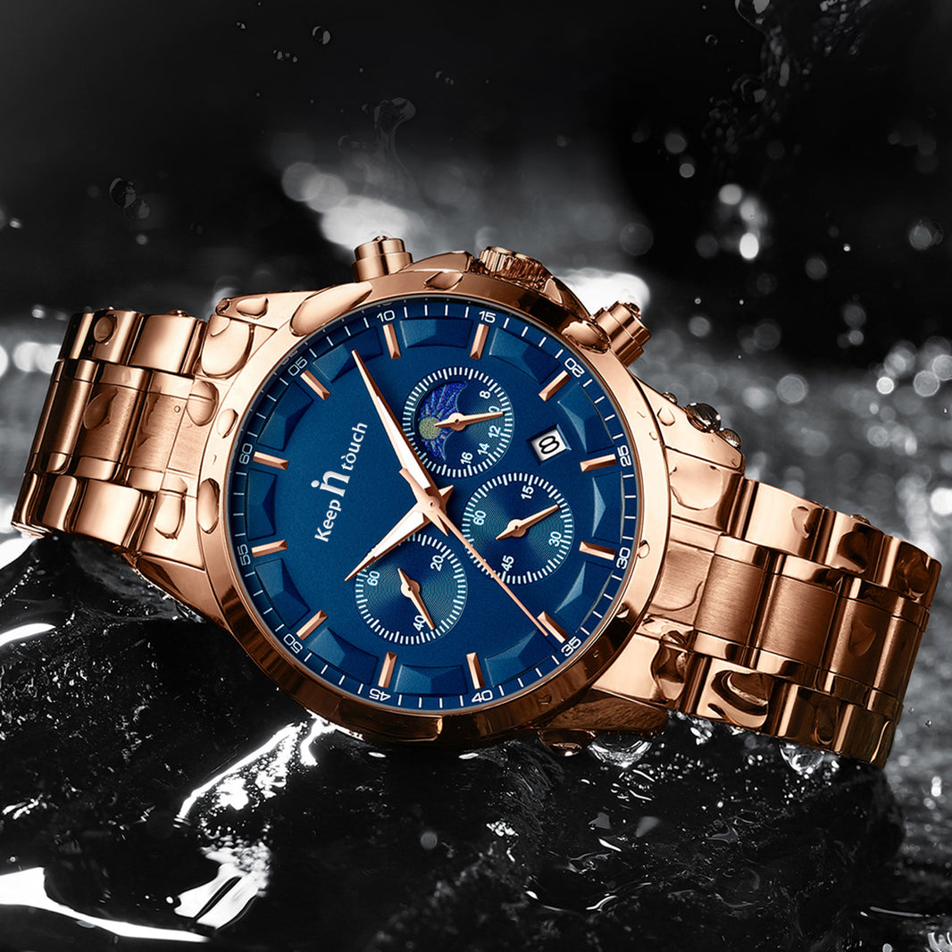 KnT-1026 Moonphase Multifunction Watch - Rose Gold Blue - Rose Gold Blue