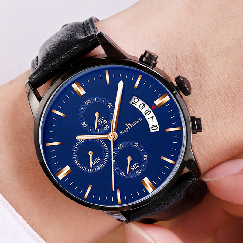 KnT-1023 Leather Chronograph Watch - Black-Blue