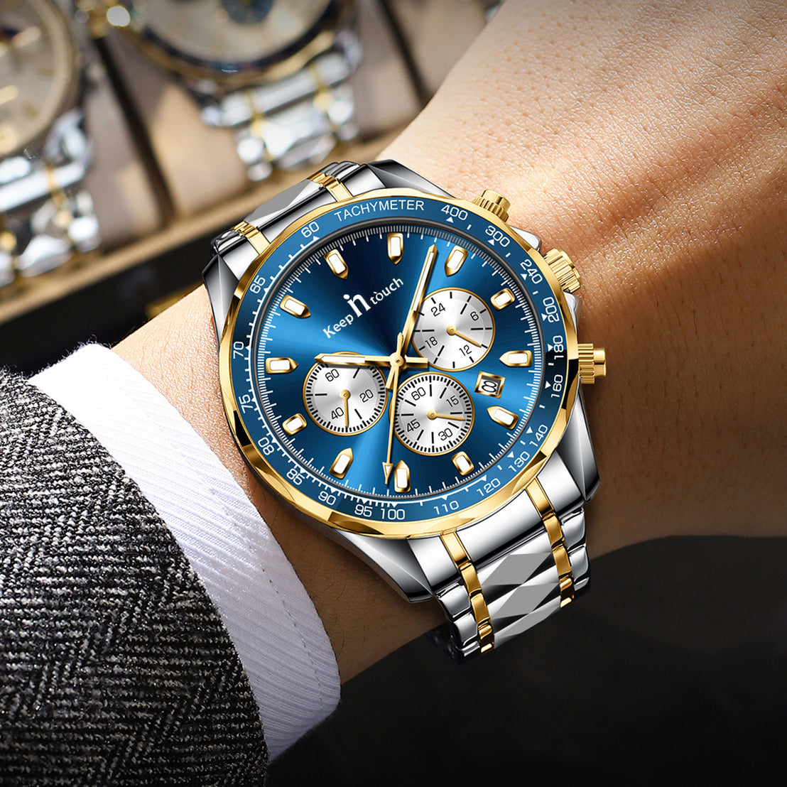 KnT-1027 Tachymeter Chronograph Watch - Silver Gold Blue