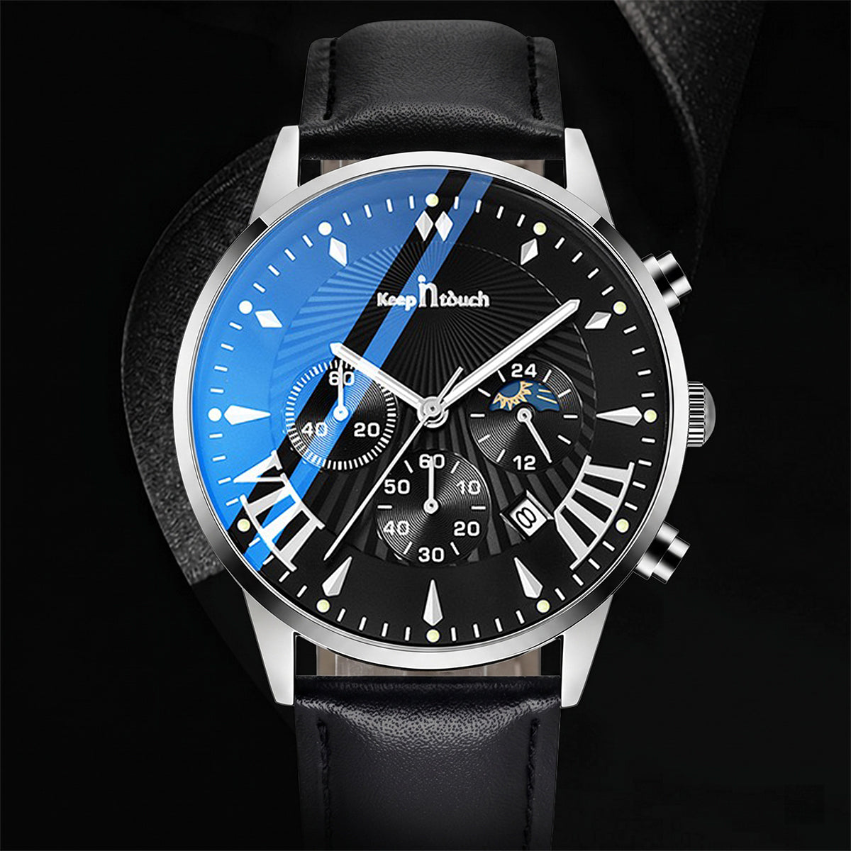 KnT-1022 Leather Chronograph Watch - Black Silver Black