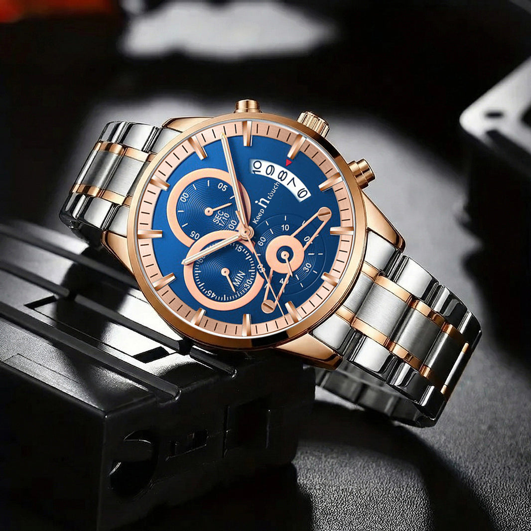 KnT-1025 Moonphase Chronograph Watch - Silver Rose Gold Blue - Silver Rose Gold Blue